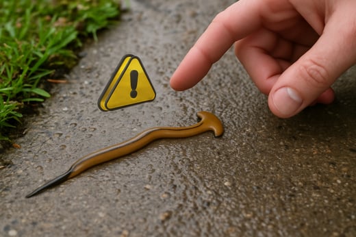 HubSpot AI Image - Show a hammer head flatworm on the sidewalk after a rain and a person trying to touch it