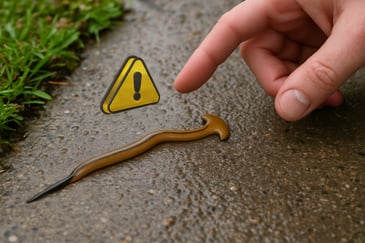 AI Generated image of a hand reaching out towards a hammer head worm with a caution icon
