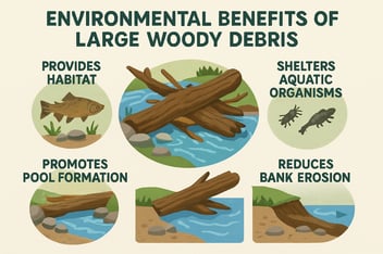 illustration of how large woody debris protects stream banks and aquatic life