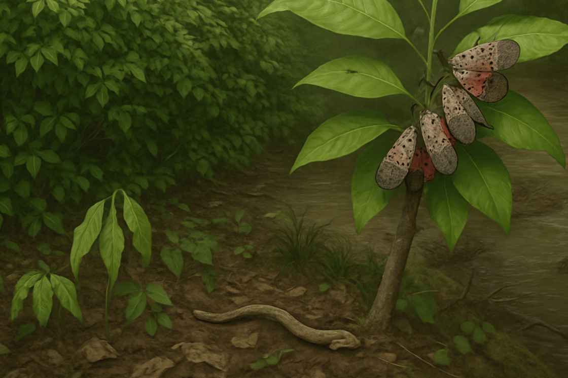 The image depicts a dense thicket of invasive Amur honeysuckle its vibrant green leaves forming a thick canopy that obscures the ground - AI generated