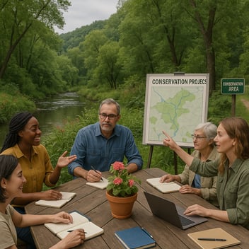 AI Generated Image depicting land stewards around a table discussing conservation plans