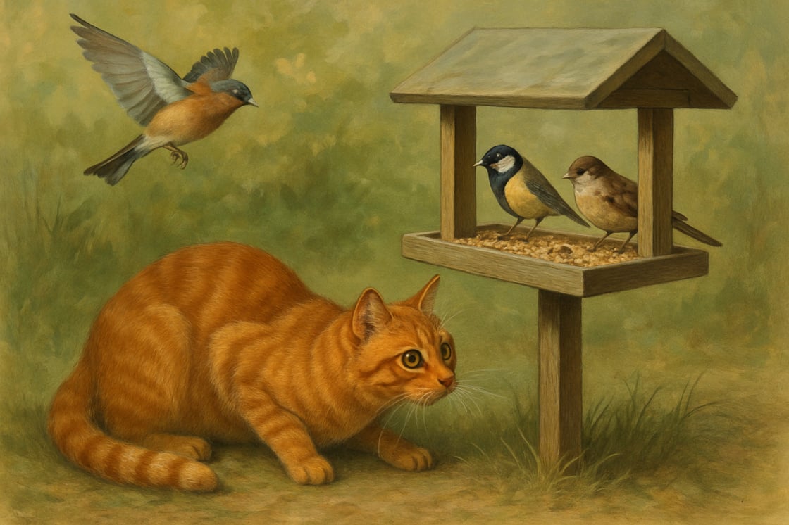 a cat posed hunting songbirds at a feeder-2