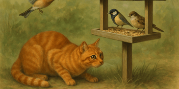 a cat posed hunting songbirds at a feeder (AI generated)